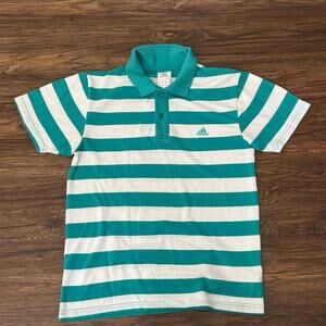 Adidas Green & White Striped Polo Shirt Medium – Classic Casual Golf Style